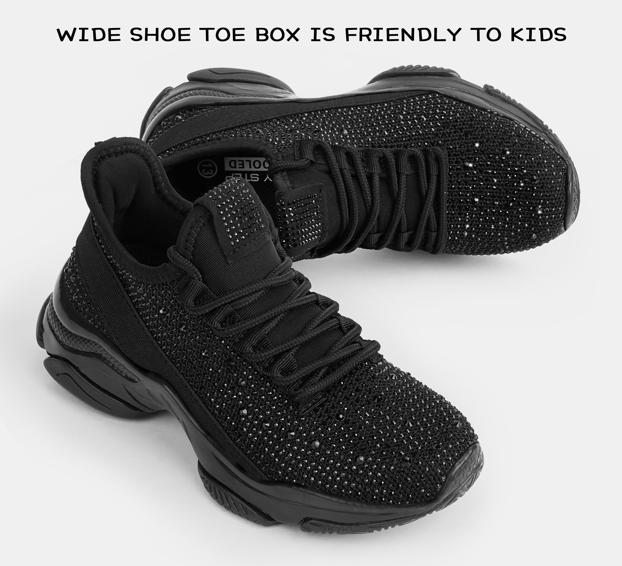 Girls Rhinestone Slip-On Sneakers - Kids Sparkly Lightweight Tennis Shoes with Jelly Sole & 1.57" Platform