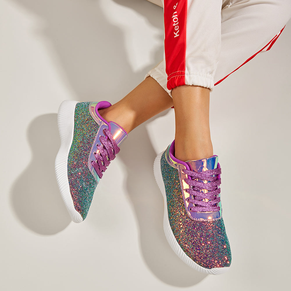 Women's Glitter Sequins Tennis Shoes - Sparkly Retro Braided Walking Sneakers
