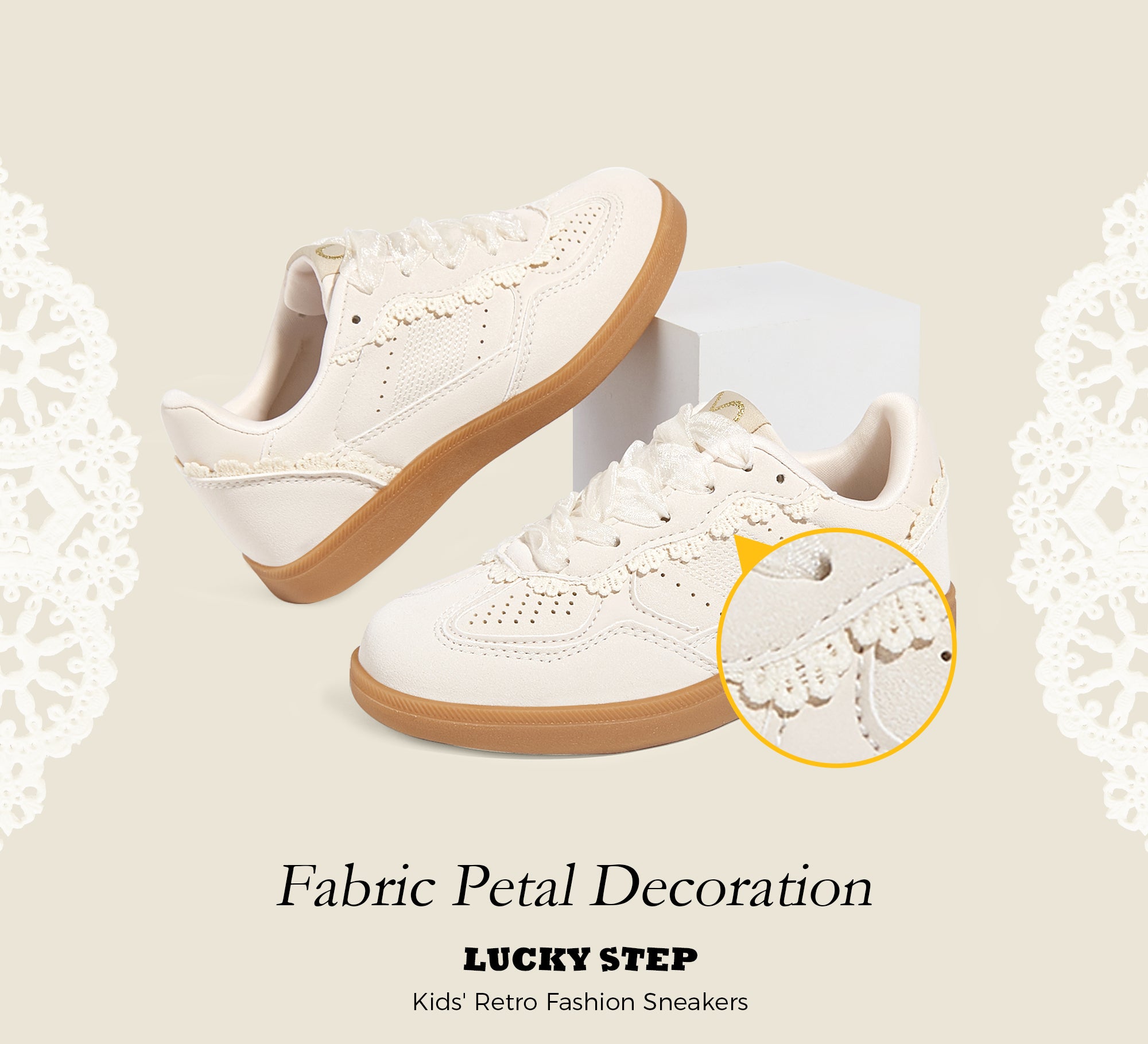 Kids Floral Retro Sneakers - Dual Laces Gum Sole Walking Shoes