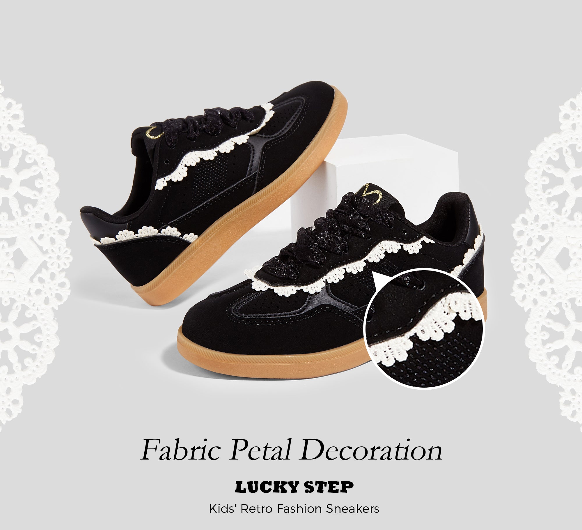 Kids Floral Retro Sneakers - Dual Laces Gum Sole Walking Shoes