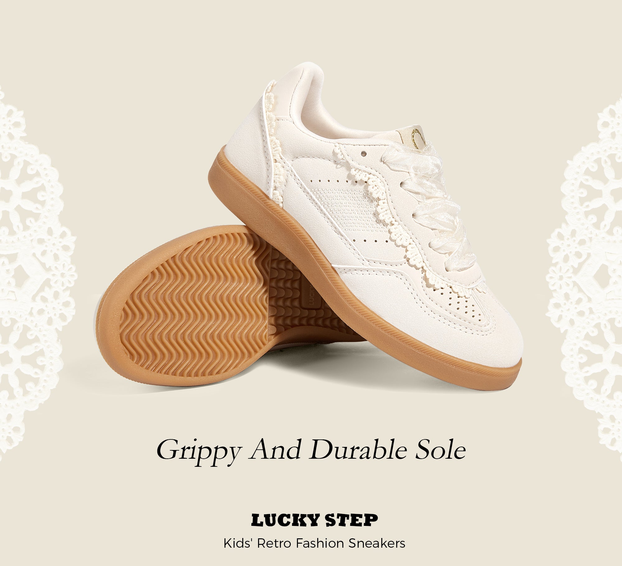 Kids Floral Retro Sneakers - Dual Laces Gum Sole Walking Shoes