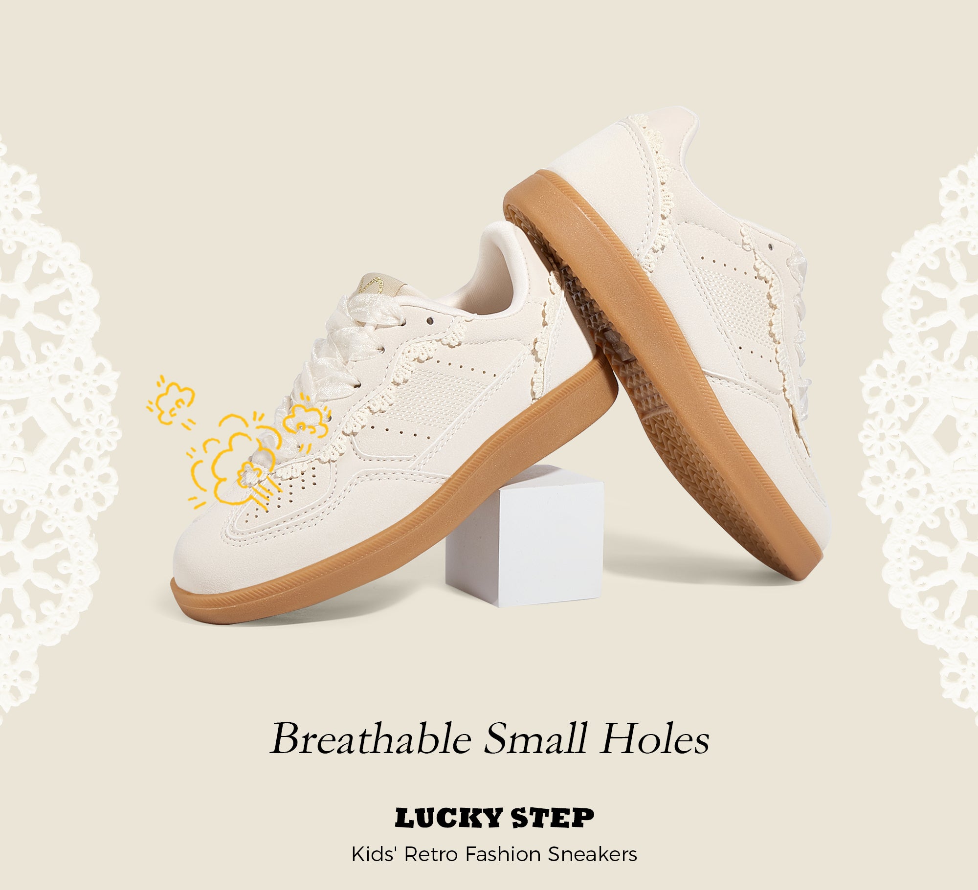 Kids Floral Retro Sneakers - Dual Laces Gum Sole Walking Shoes