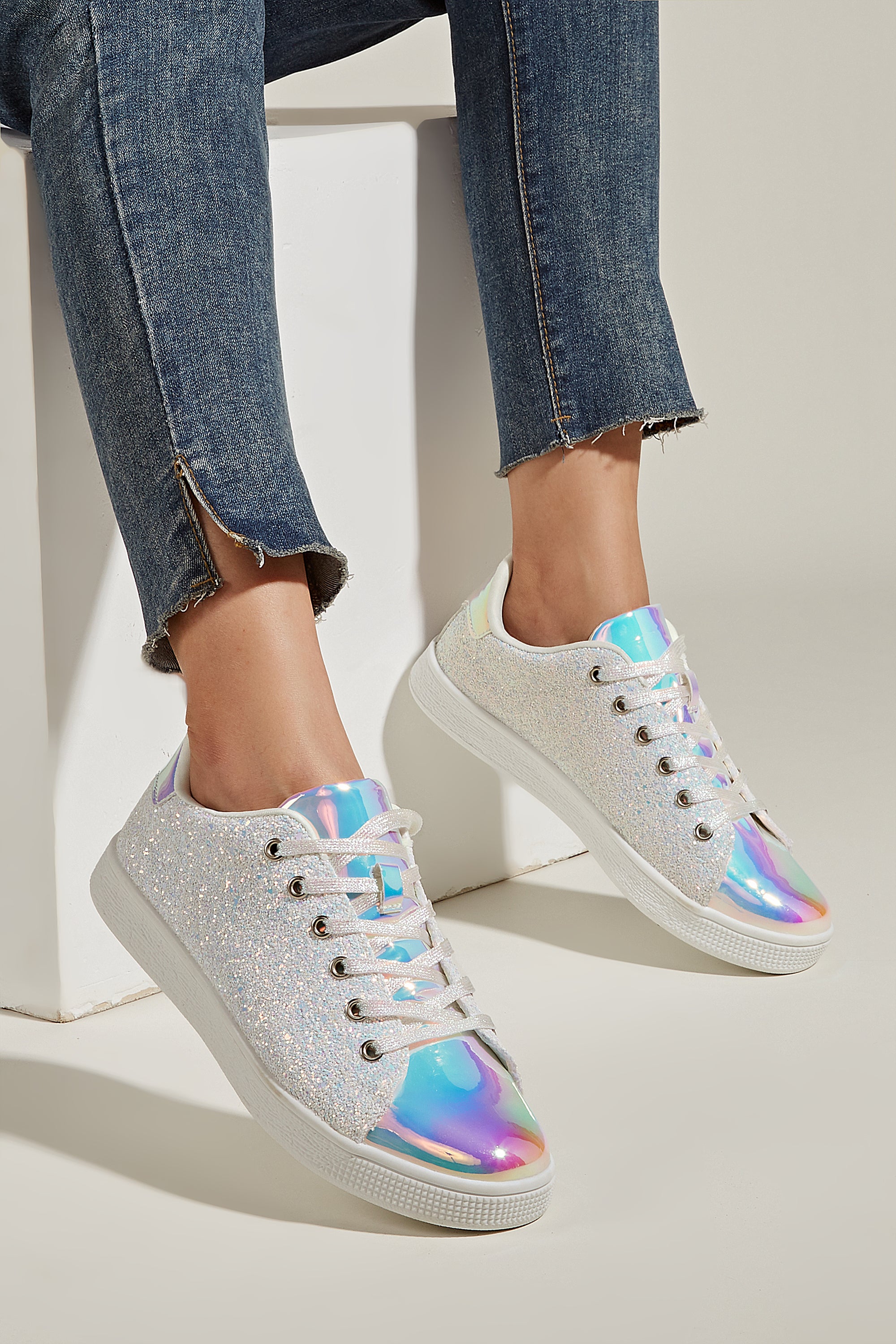 Women's Glitter Sneakers - Sparkly Bling Fashion Lace-Up Shoes