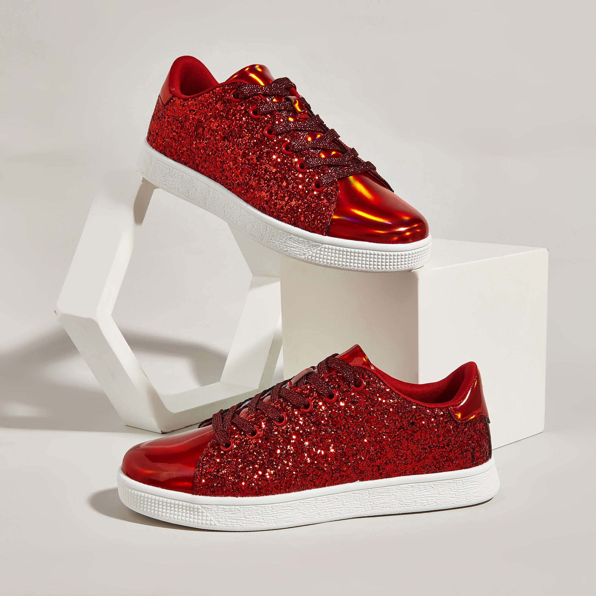 Women's Glitter Sneakers - Sparkly Bling Fashion Lace-Up Shoes