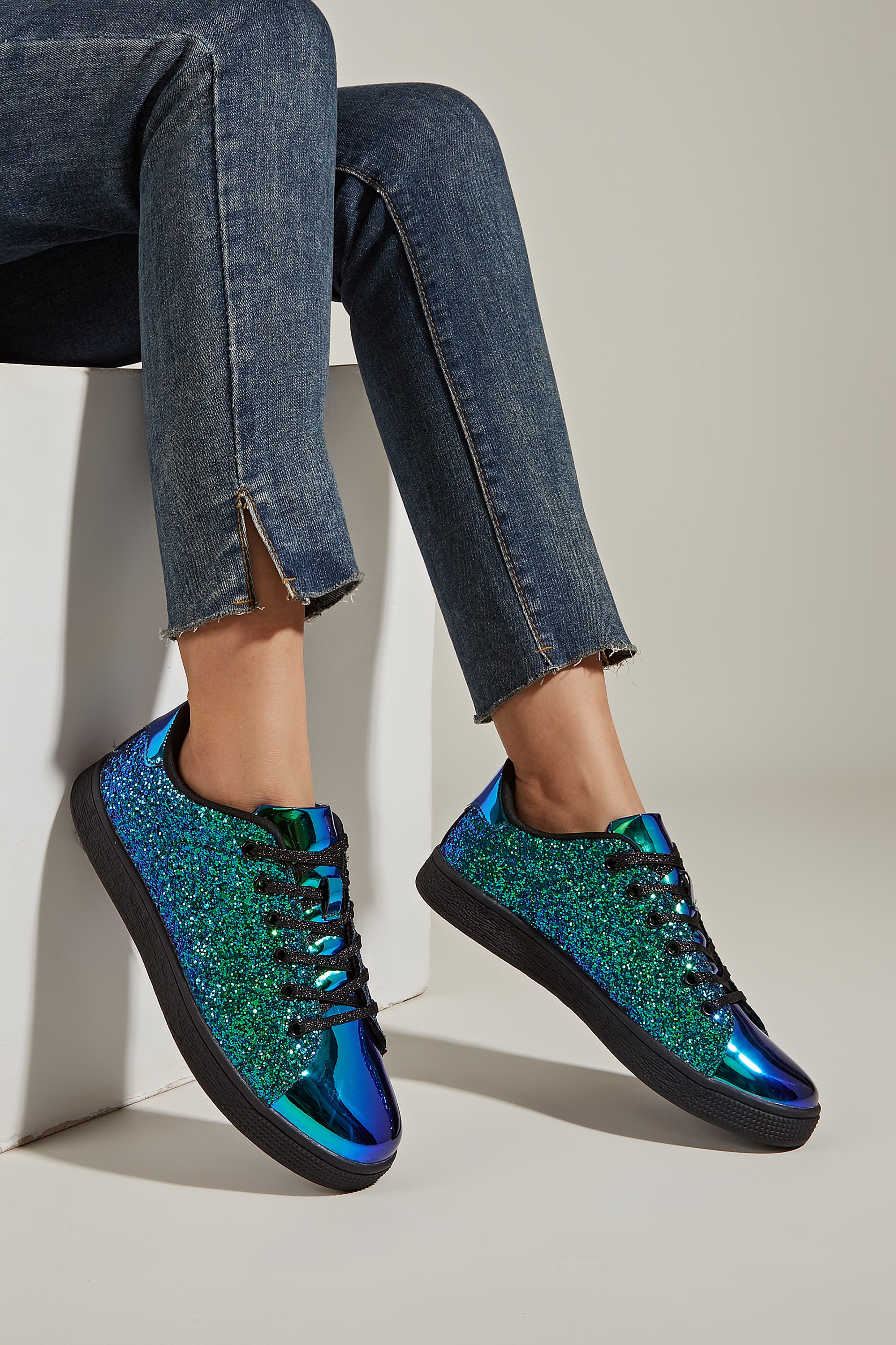 Women's Glitter Sneakers - Sparkly Bling Fashion Lace-Up Shoes