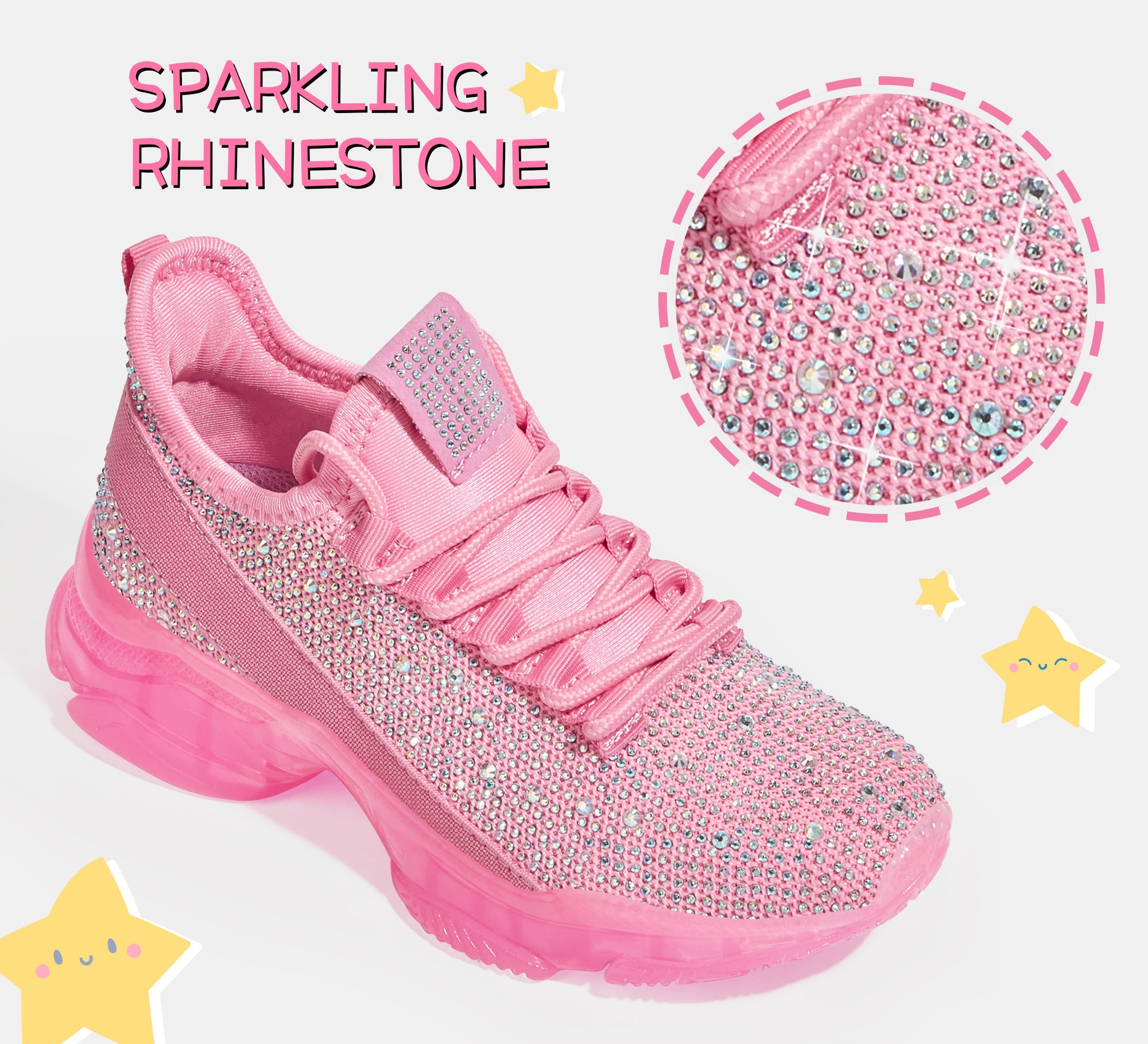 Girls Rhinestone Slip-On Sneakers - Kids Sparkly Lightweight Tennis Shoes with Jelly Sole & 1.57" Platform