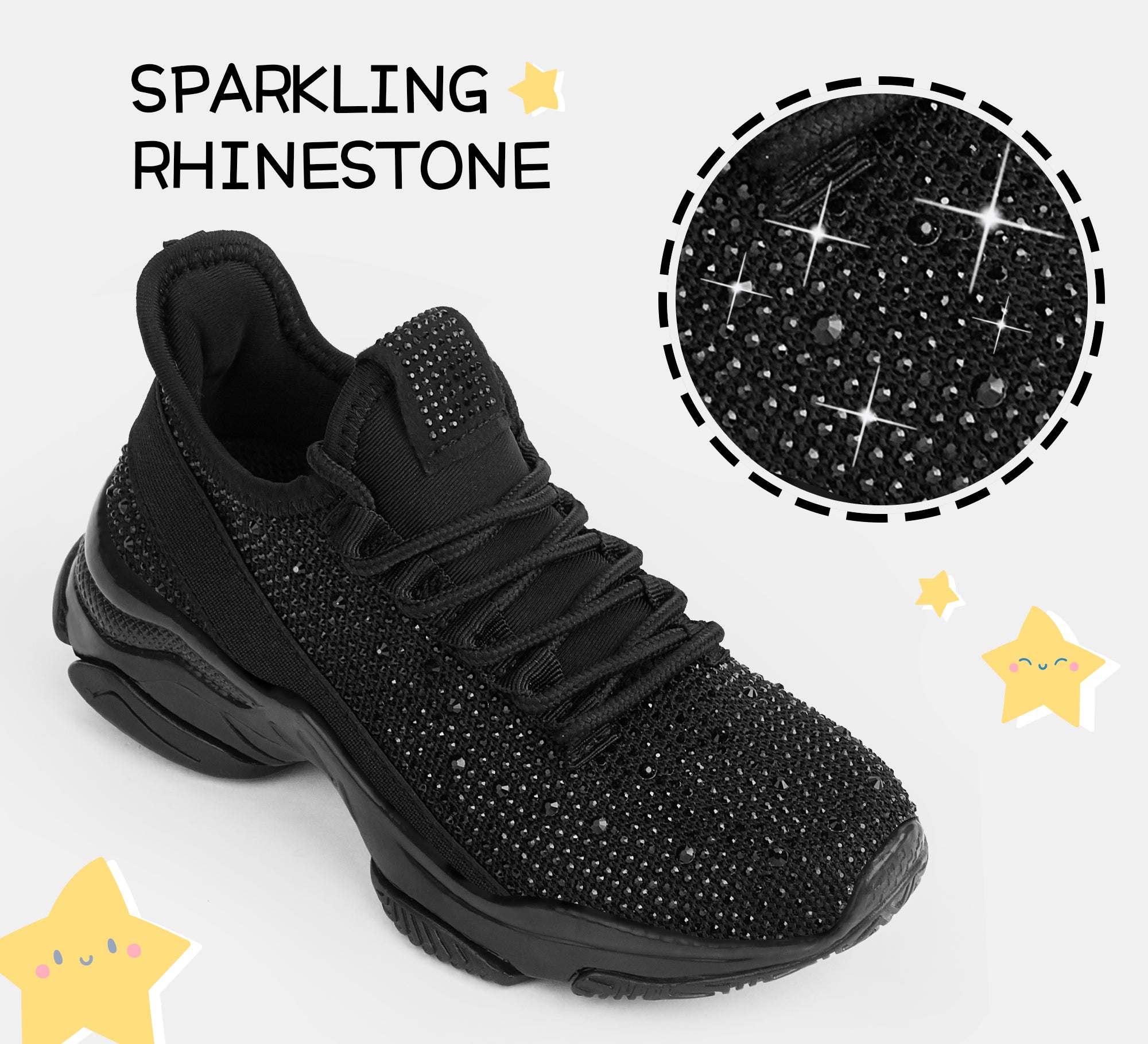 Girls Rhinestone Slip-On Sneakers - Kids Sparkly Lightweight Tennis Shoes with Jelly Sole & 1.57" Platform