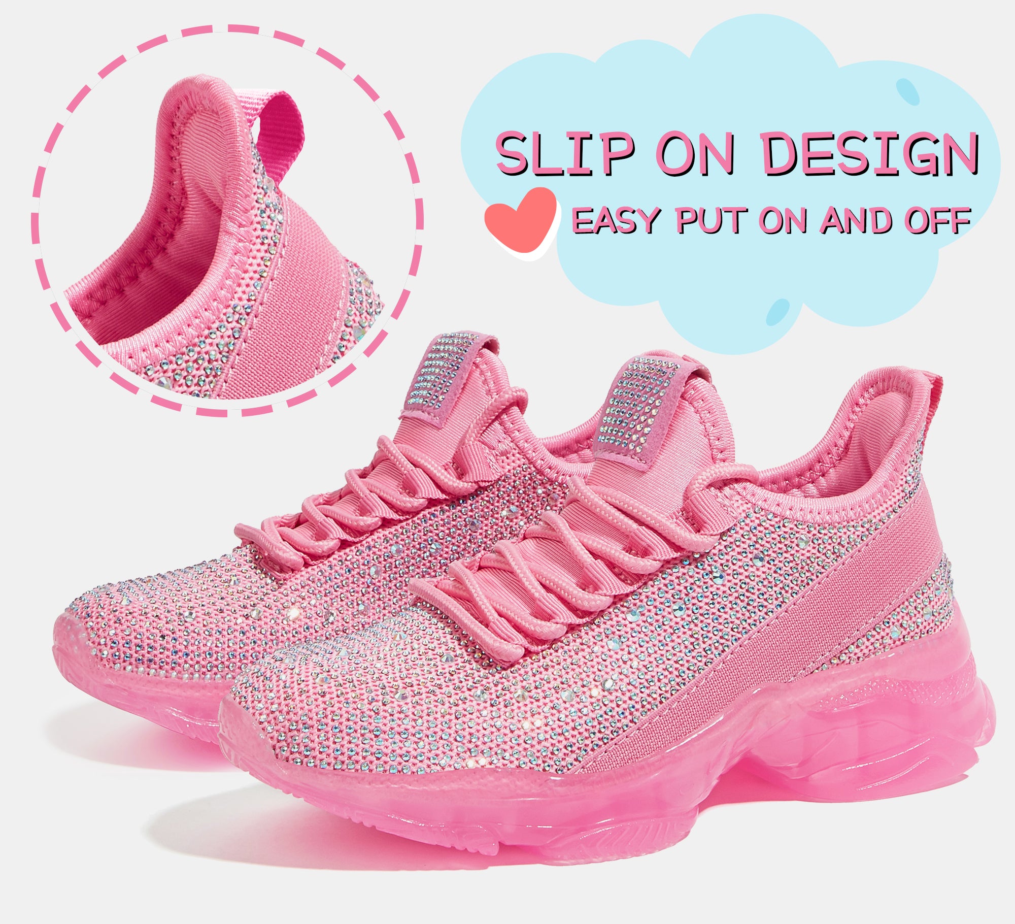 Girls Rhinestone Slip-On Sneakers - Kids Sparkly Lightweight Tennis Shoes with Jelly Sole & 1.57" Platform