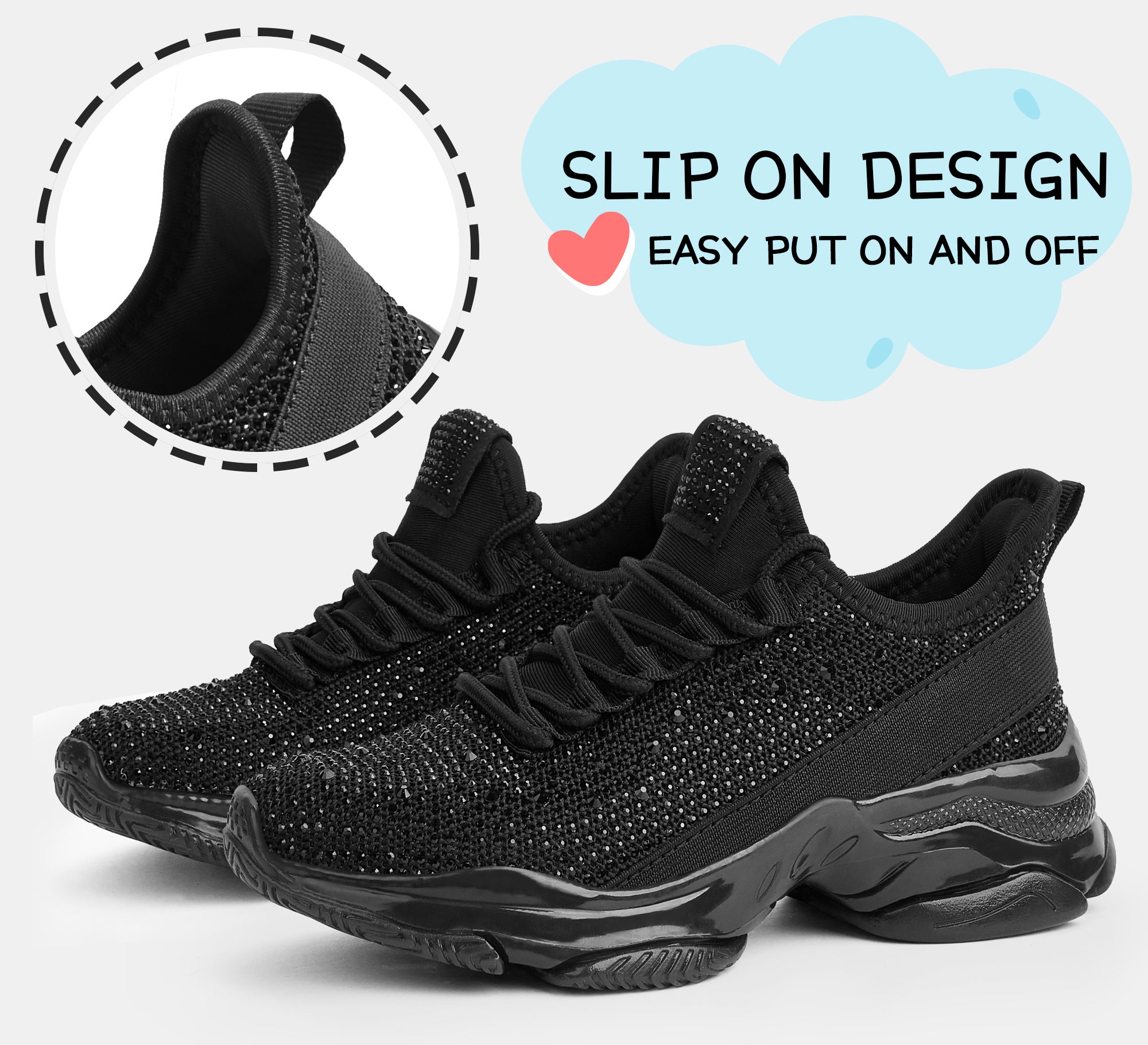 Girls Rhinestone Slip-On Sneakers - Kids Sparkly Lightweight Tennis Shoes with Jelly Sole & 1.57" Platform