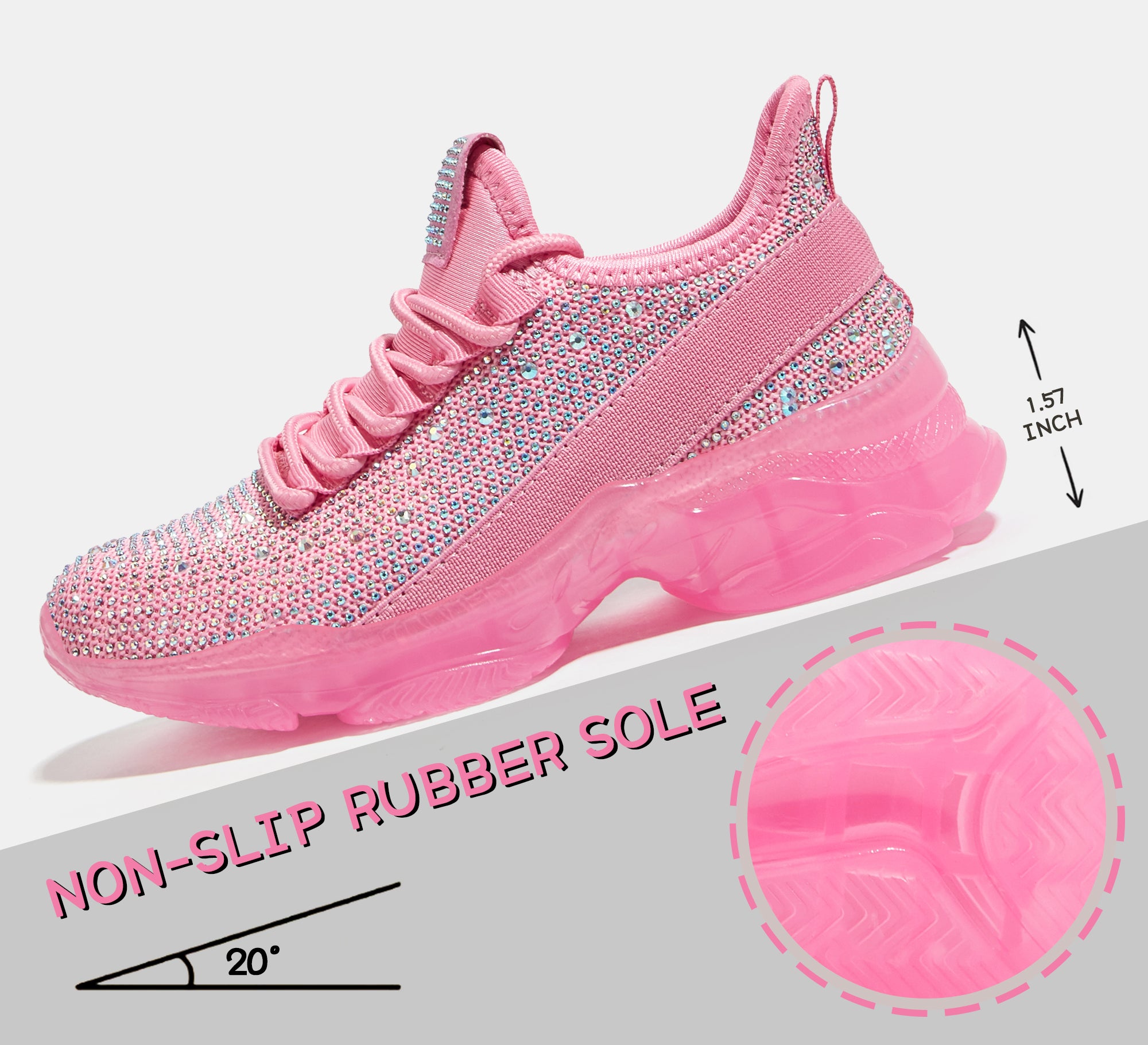 Girls Rhinestone Slip-On Sneakers - Kids Sparkly Lightweight Tennis Shoes with Jelly Sole & 1.57" Platform