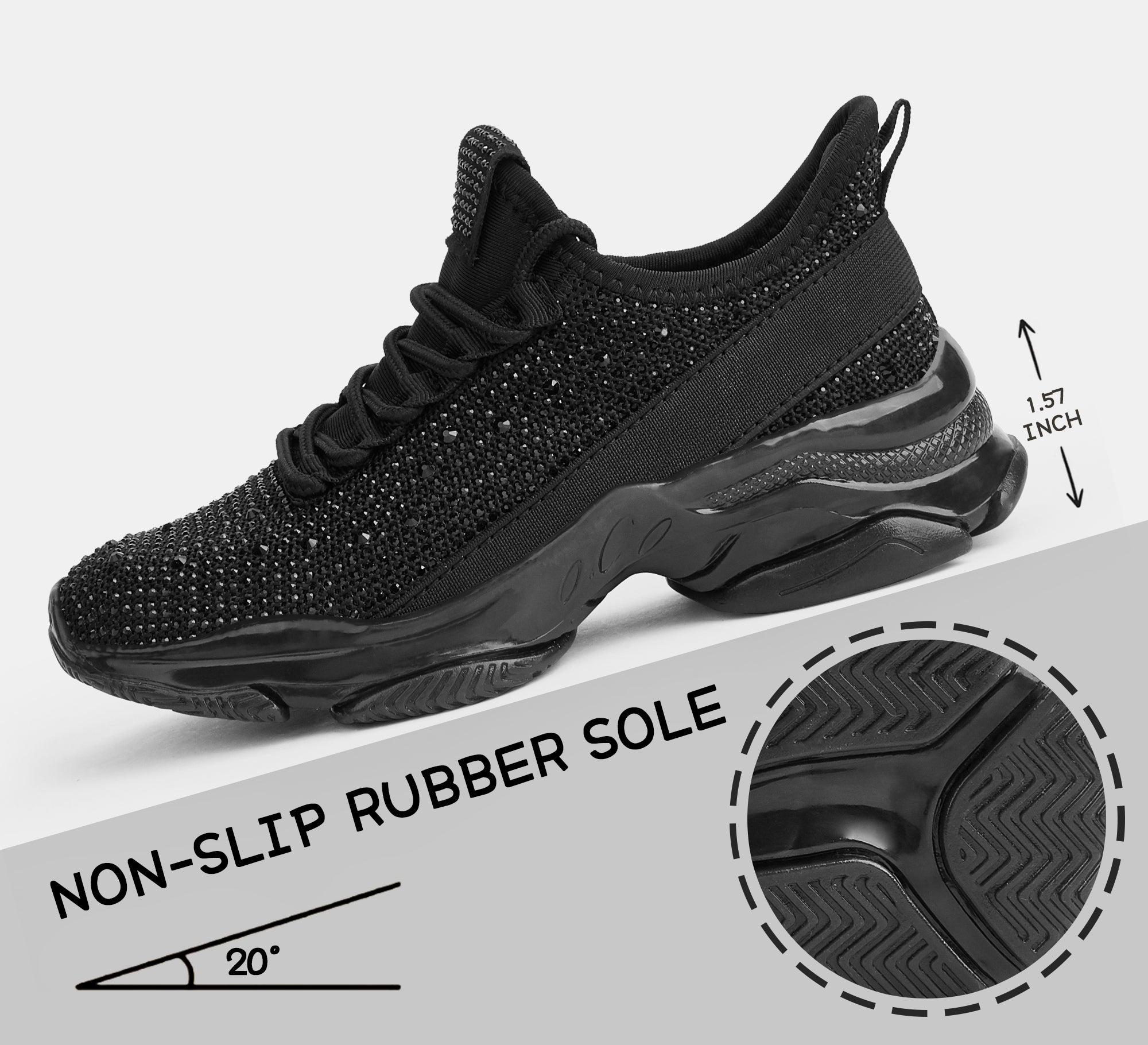 Girls Rhinestone Slip-On Sneakers - Kids Sparkly Lightweight Tennis Shoes with Jelly Sole & 1.57" Platform