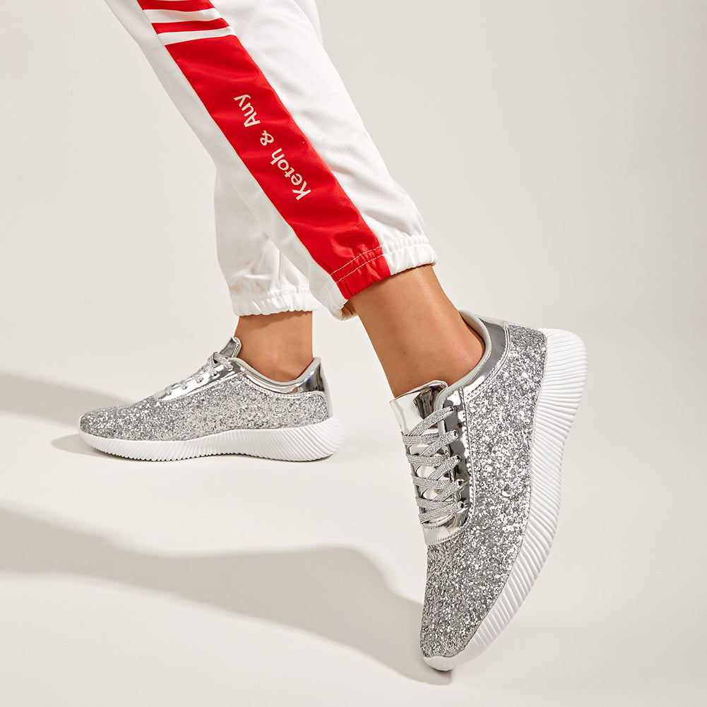 Women's Glitter Sequins Tennis Shoes - Sparkly Retro Braided Walking Sneakers
