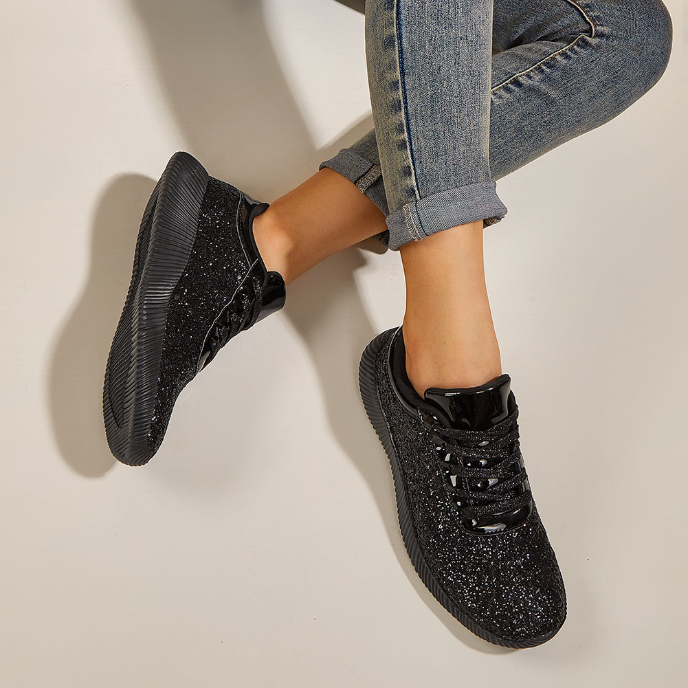 Women's Glitter Sequins Tennis Shoes - Sparkly Retro Braided Walking Sneakers