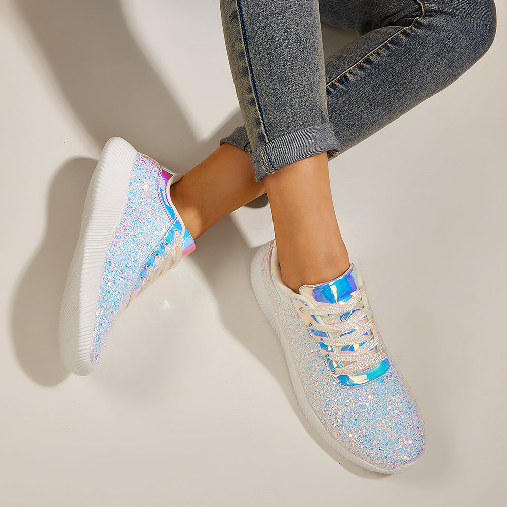 Women's Glitter Sequins Tennis Shoes - Sparkly Retro Braided Walking Sneakers