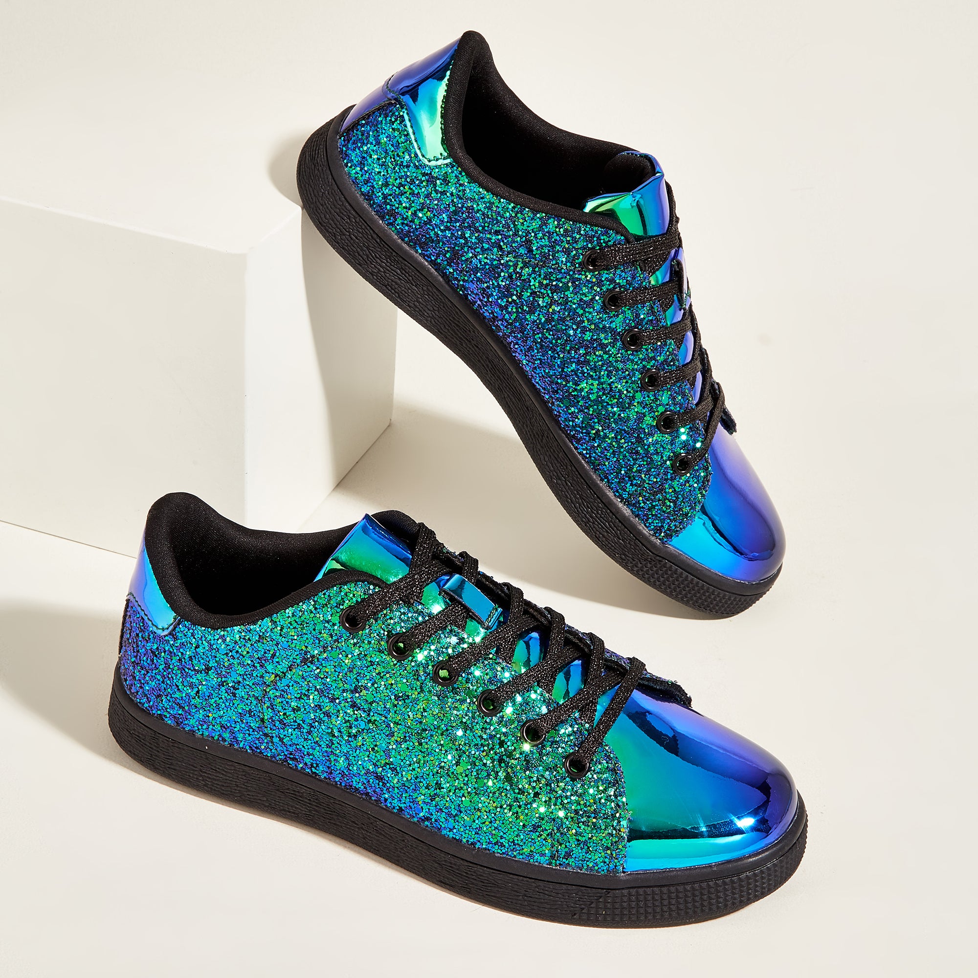 Women's Glitter Sneakers - Sparkly Bling Fashion Lace-Up Shoes