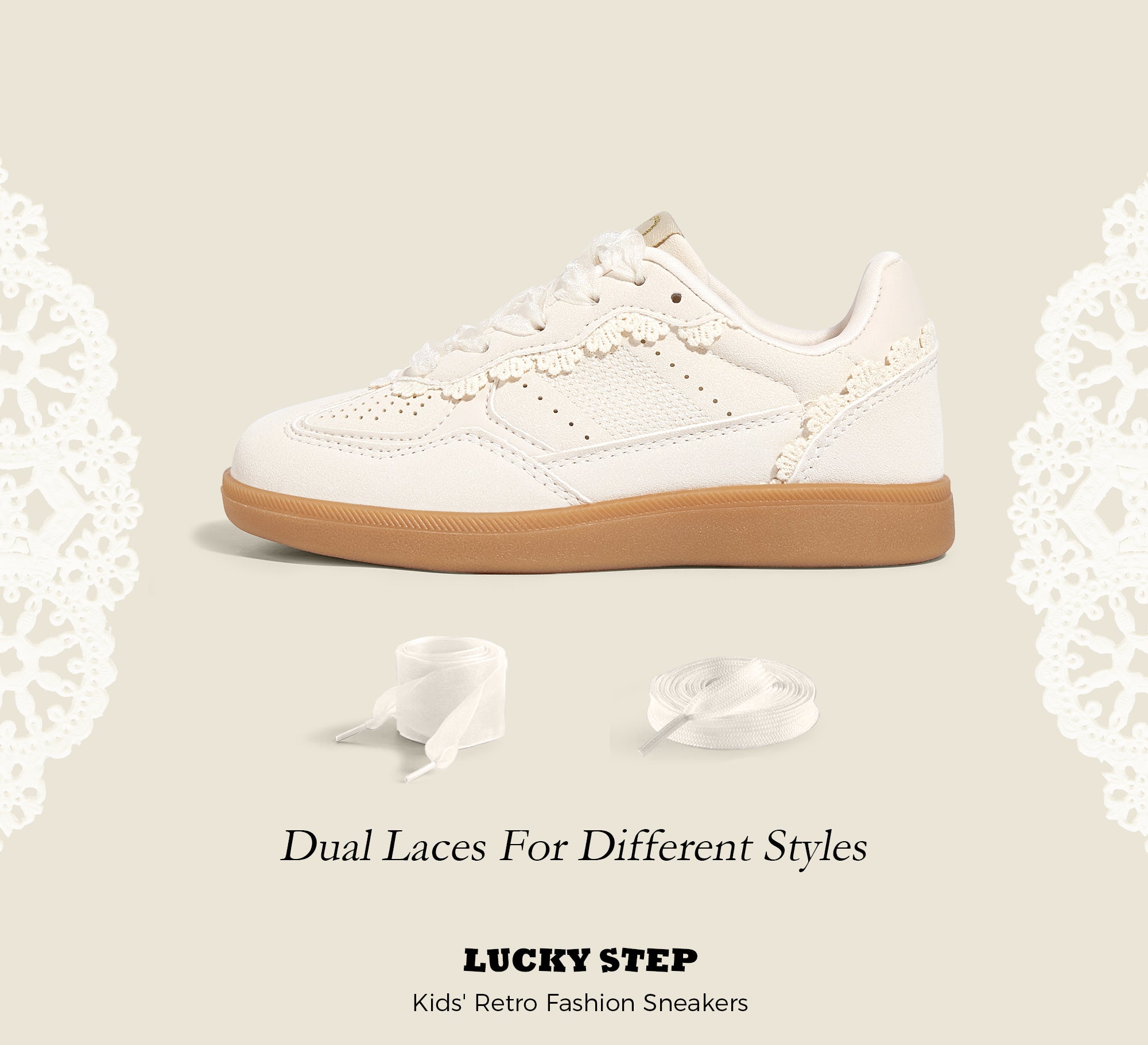 Kids Floral Retro Sneakers - Dual Laces Gum Sole Walking Shoes