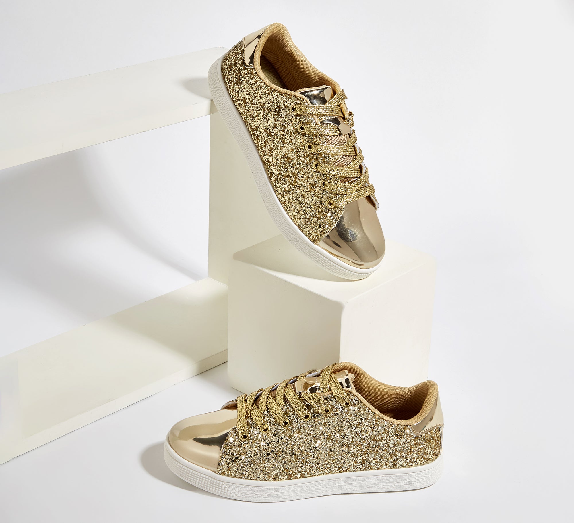 Women's Glitter Sneakers - Sparkly Bling Fashion Lace-Up Shoes