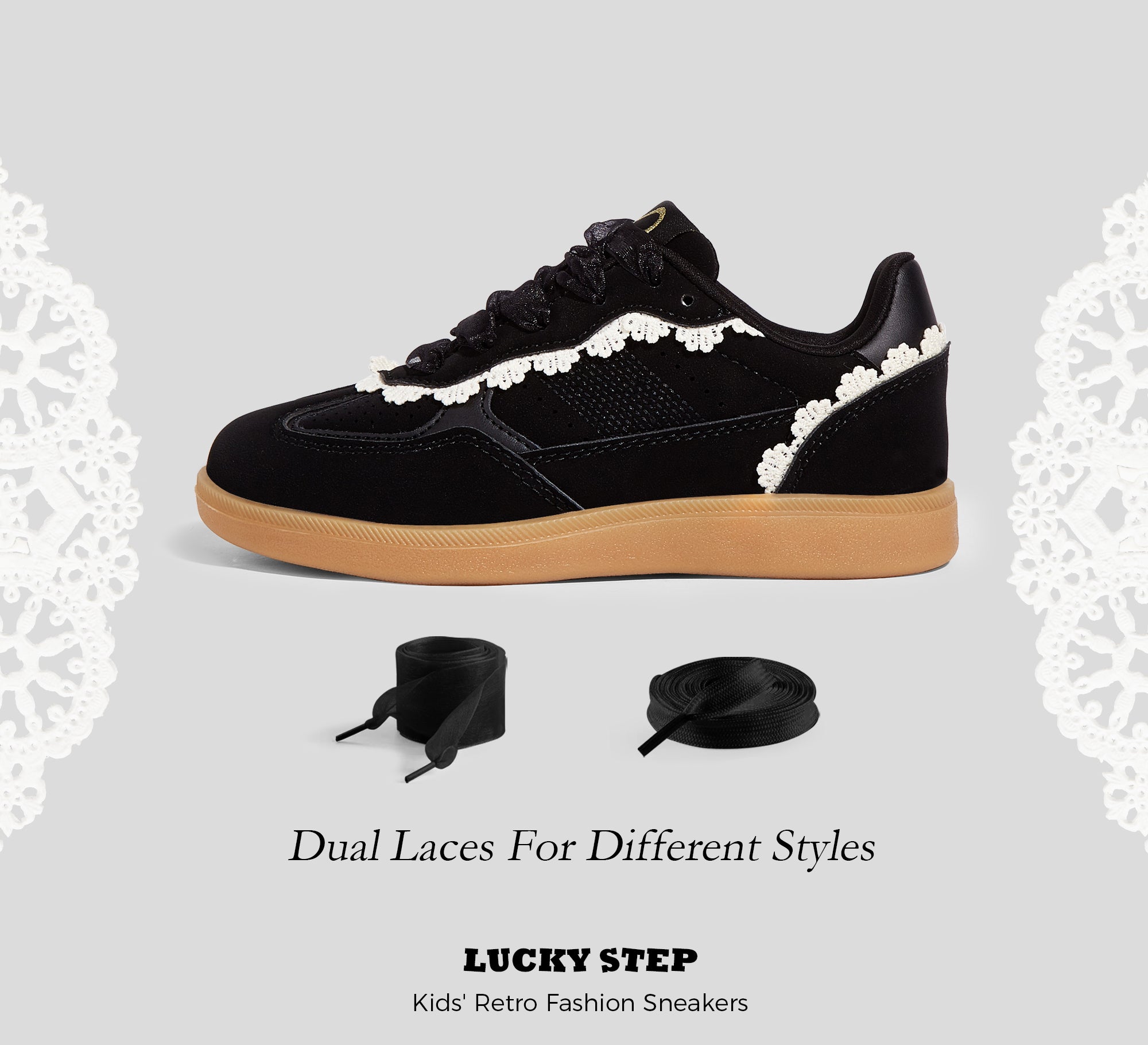 Kids Floral Retro Sneakers - Dual Laces Gum Sole Walking Shoes