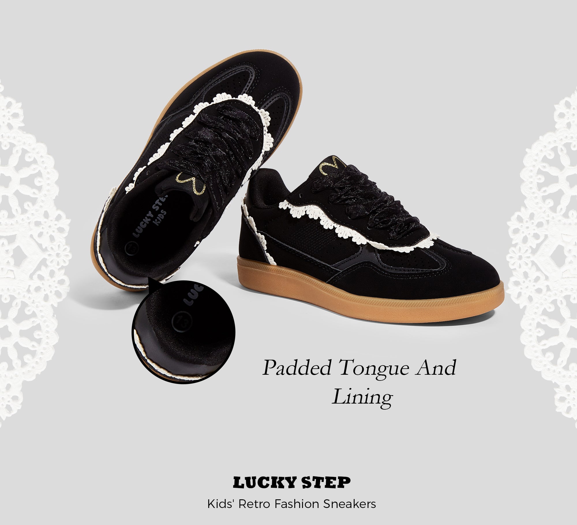 Kids Floral Retro Sneakers - Dual Laces Gum Sole Walking Shoes