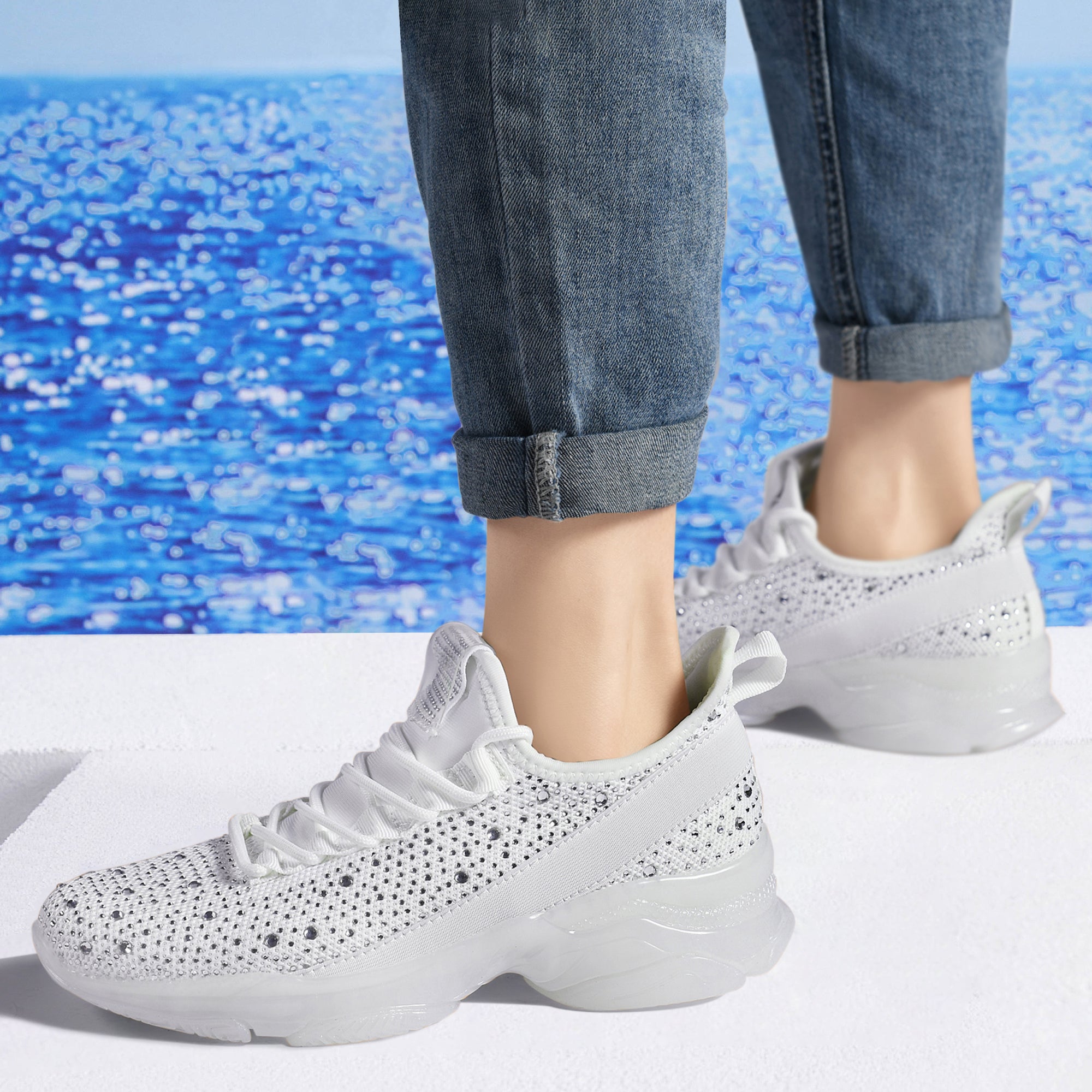 Lucky Step Rhinestone Mesh Slip-On Sneakers