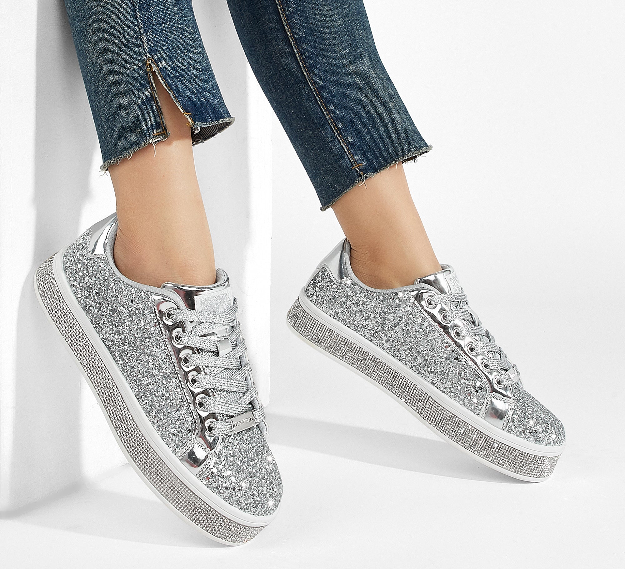 Women's Glitter Wedding Sneakers - Rhinestone Sole Platform Shoes
