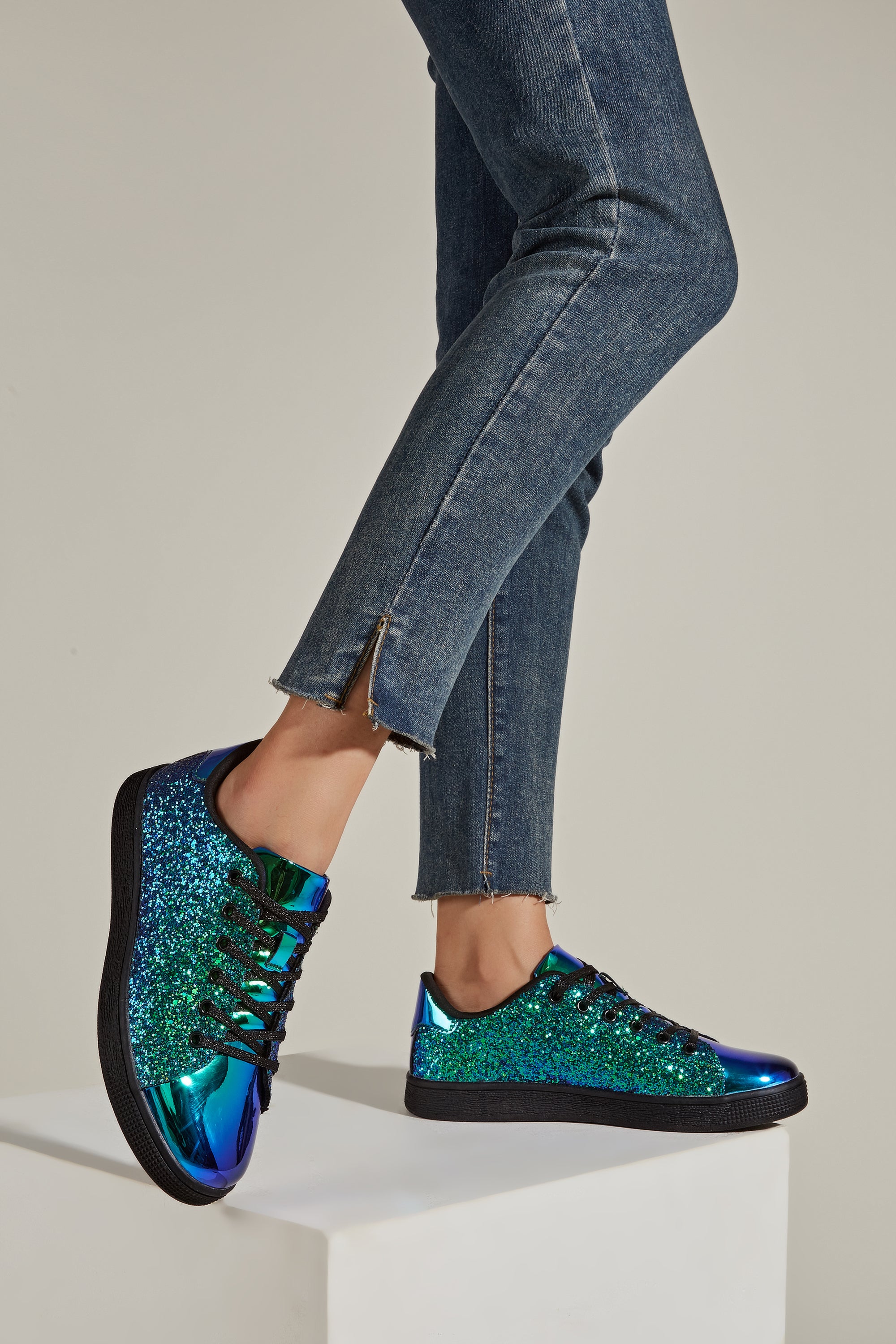 Women's Glitter Sneakers - Sparkly Bling Fashion Lace-Up Shoes