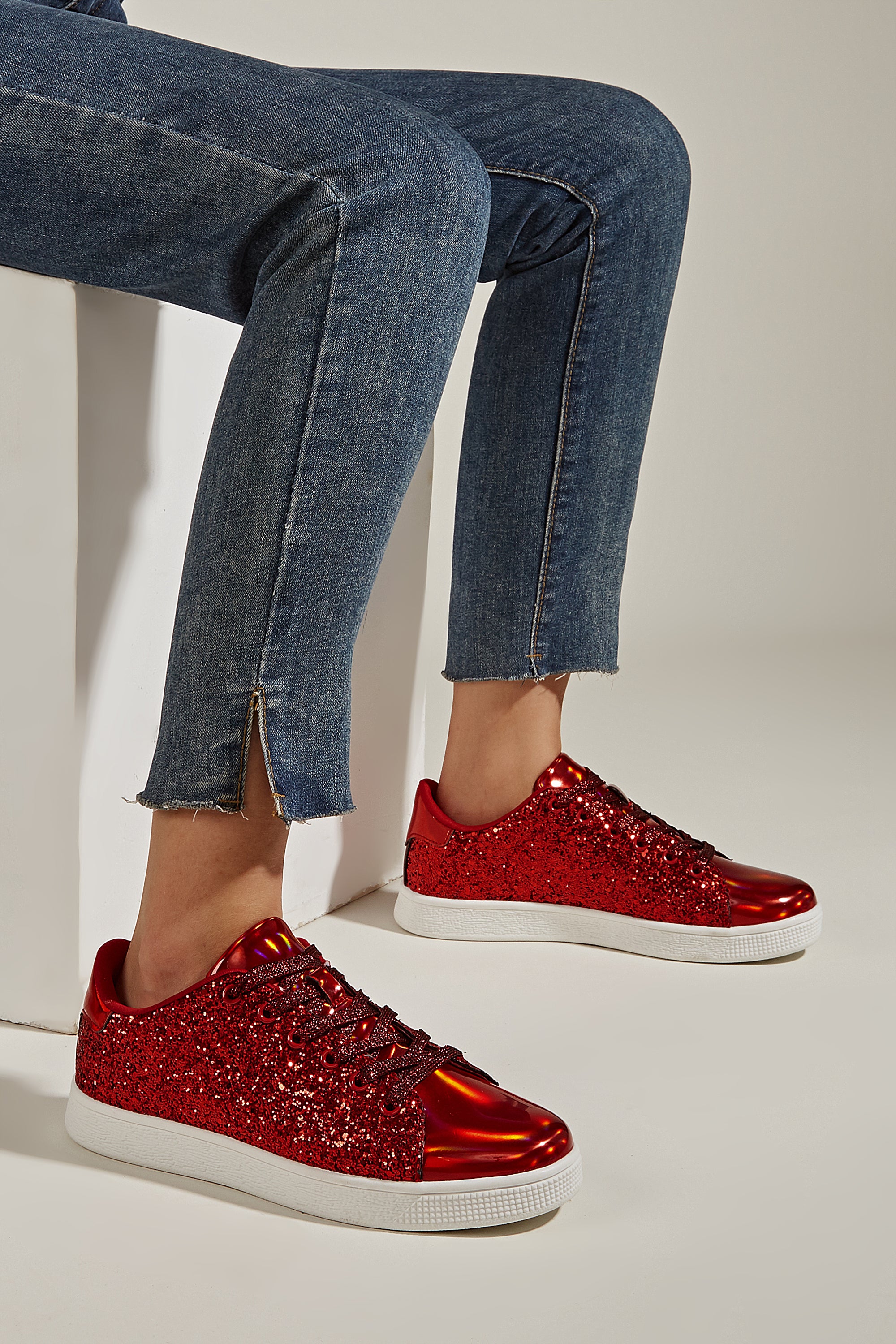 Women's Glitter Sneakers - Sparkly Bling Fashion Lace-Up Shoes
