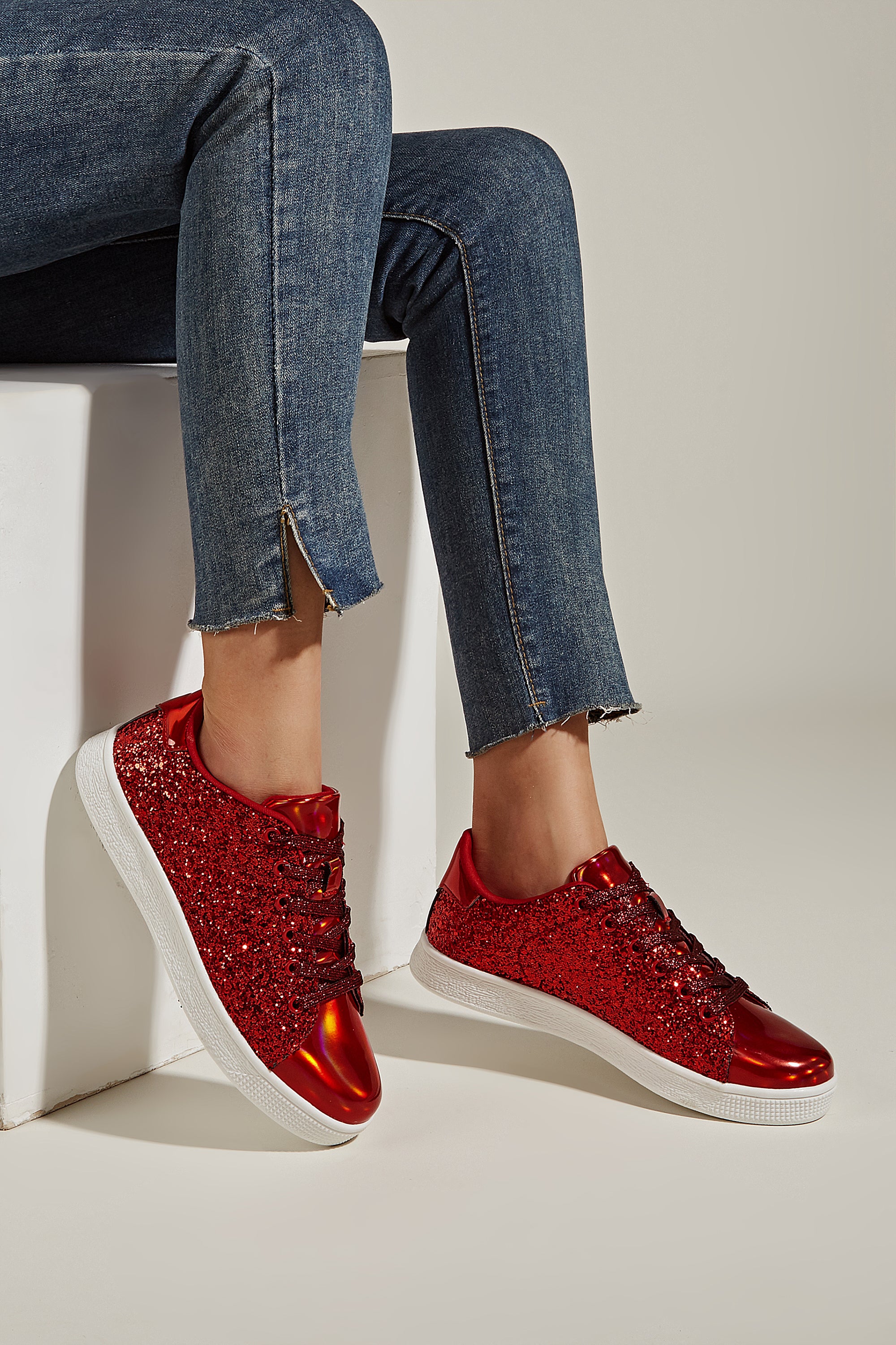 Women's Glitter Sneakers - Sparkly Bling Fashion Lace-Up Shoes