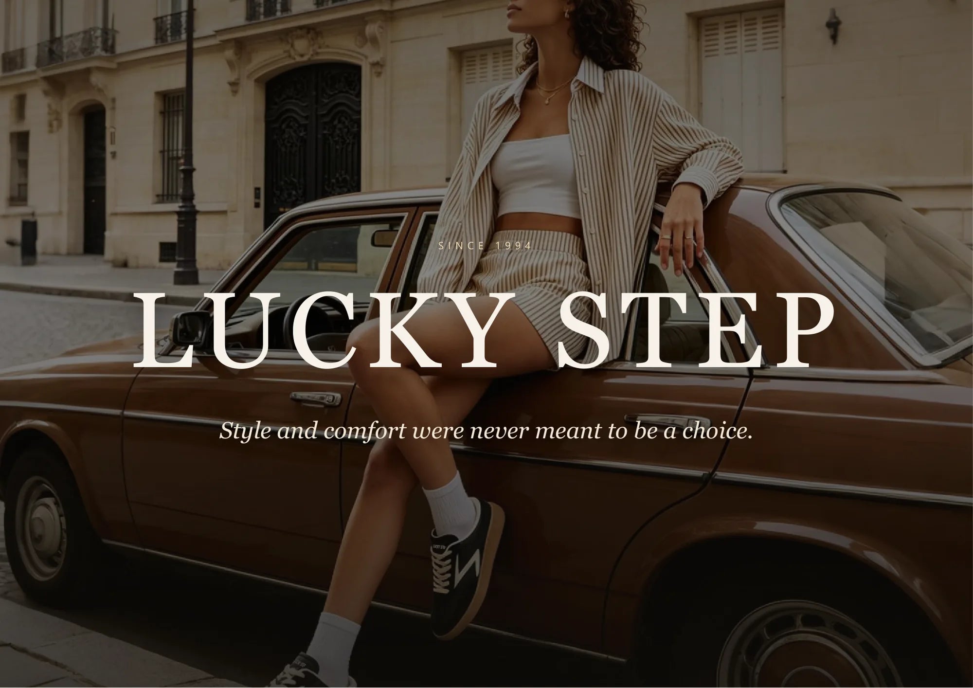 Lucky Step brand story hero featuring a woman wearing retro sneakers beside a vintage car.