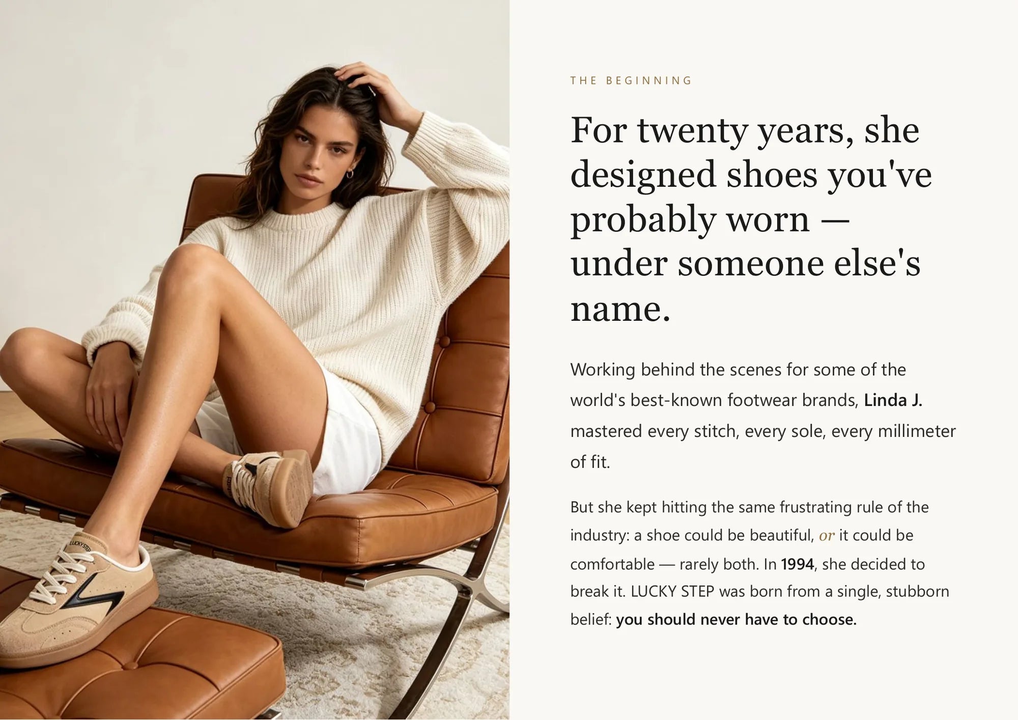 Lucky Step founder story with a woman wearing beige retro sneakers in a modern interior.